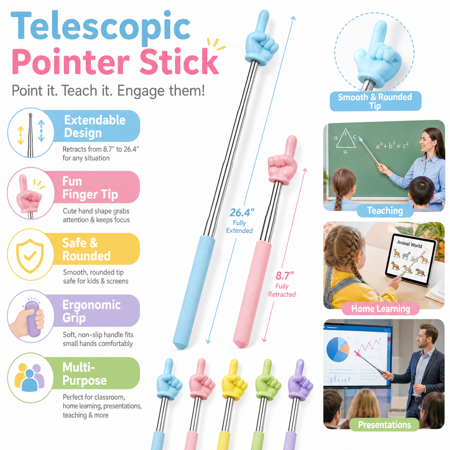Extendable Finger Reading Pointer for Kids – Telescopic Hand Pointer Stick for Classroom, Preschool, Kindergarten – Early Learning Teaching Supplies for Whiteboard