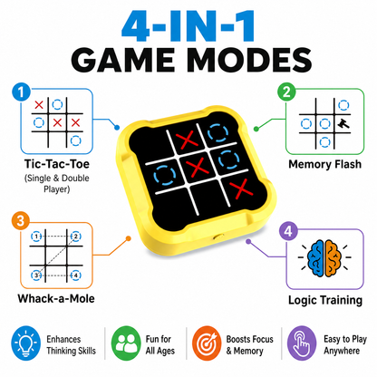 Tic Tac Toe Game 4-in-1 Puzzle Console AI & Memory Modes, Silent Travel Toy for Kids Screen-Free