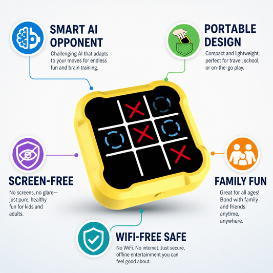Tic Tac Toe Game 4-in-1 Puzzle Console AI & Memory Modes, Silent Travel Toy for Kids Screen-Free