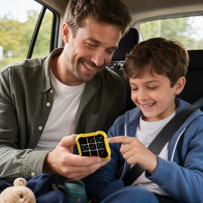 Tic Tac Toe Game 4-in-1 Puzzle Console AI & Memory Modes, Silent Travel Toy for Kids Screen-Free