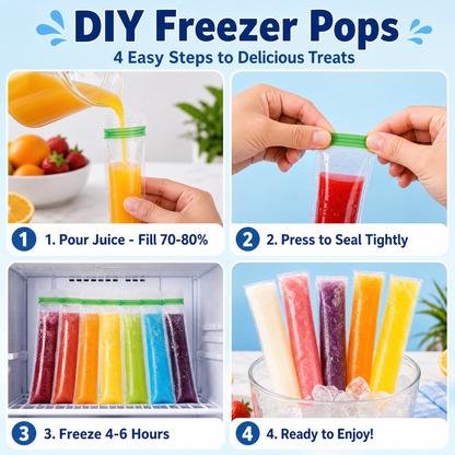 Food-Grade PE Ice Pop Bags, BPA-Free DIY Popsicle bags, Thickened Edges Anti-Bursting, Easy to Fill for Homemade Fruit Juice Popsicles